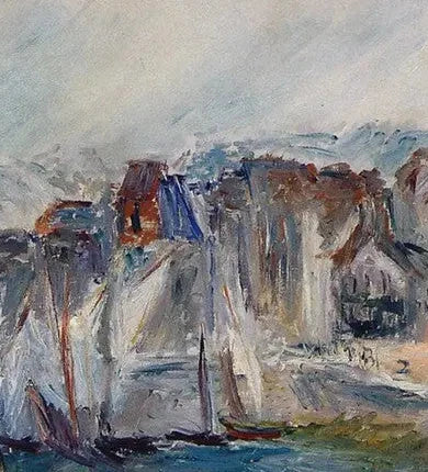 Détail des voiles, des maisons et du clocher dans Bateaux dans le port de Honfleur W1846 de Monet
