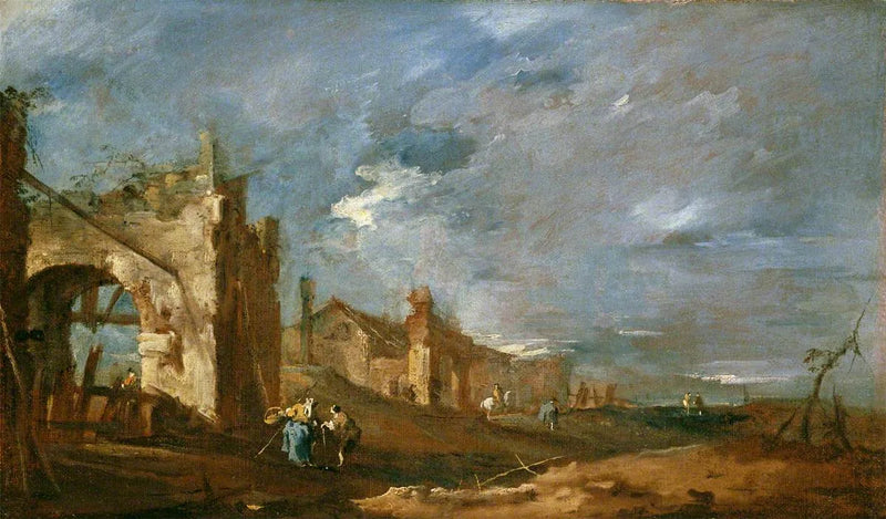 Zrujnowane budynki i postacie nad brzegiem laguny - Francesco Guardi