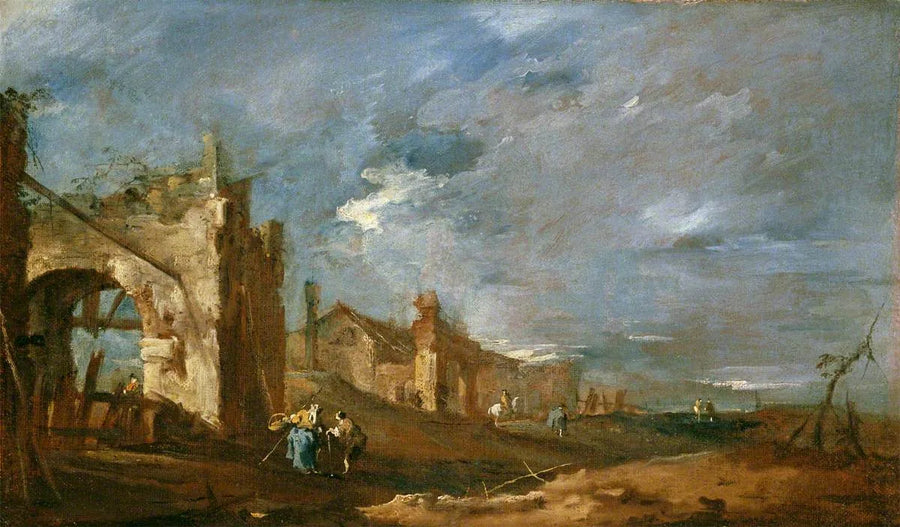 Zrujnowane budynki i postacie nad brzegiem laguny - Francesco Guardi