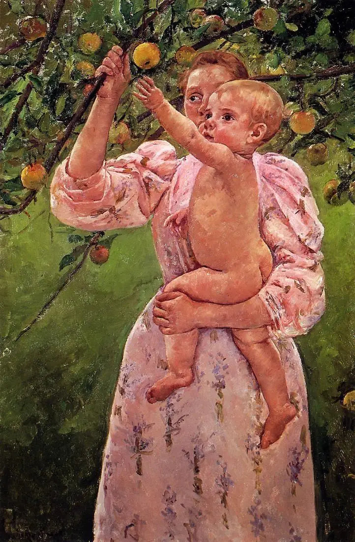 Niemowlę wyciąga rękę w stronę jabłka - Mary Cassatt