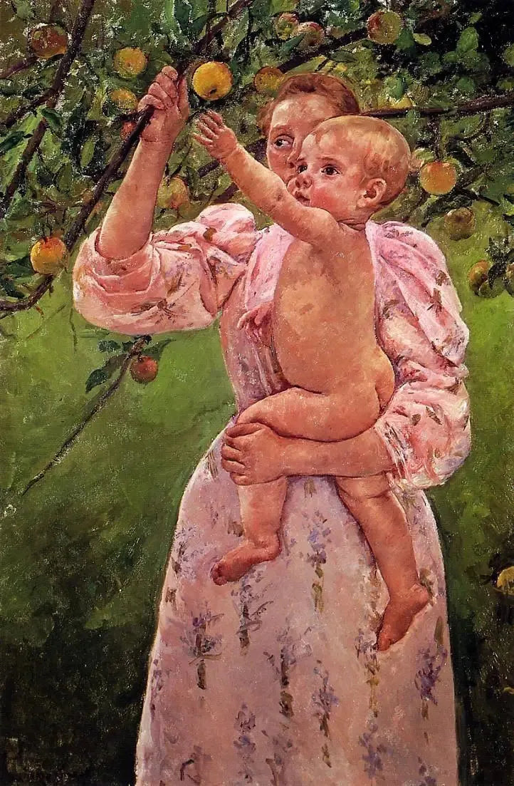 Niemowlę wyciąga rękę w stronę jabłka - Mary Cassatt