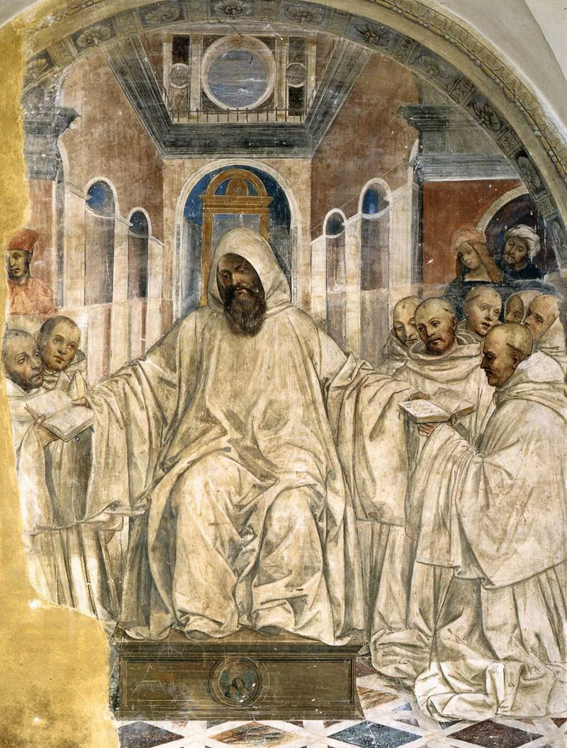 Benoît prezentuje swoją linijkę mnichom oliwkowym. - Il Sodoma (Giovanni Antonio Bazzi)