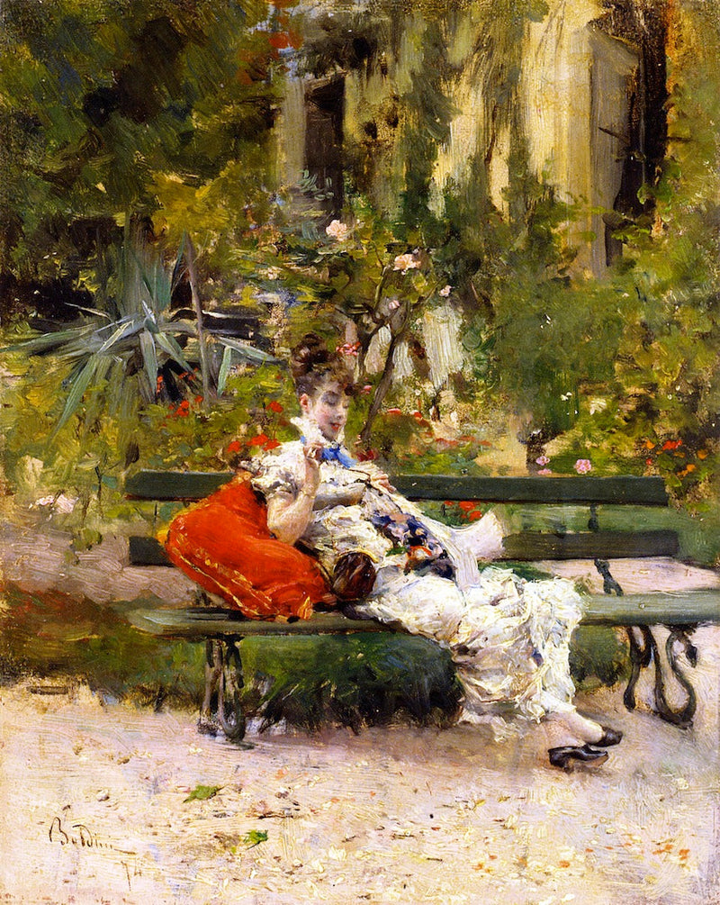 Berthe szyje w ogrodzie - Giovanni Boldini