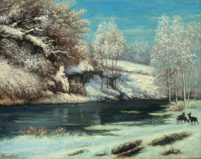 Sarny i jelenie w pobliżu rzeki - Gustave Courbet