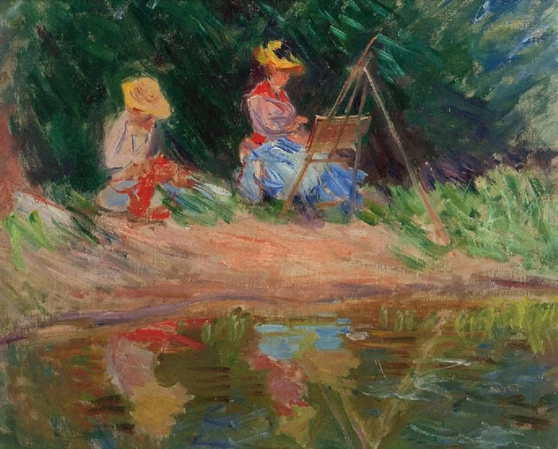 Blanche Monet malująca z siostrą Suzanne nad brzegiem wody - Claude Monet