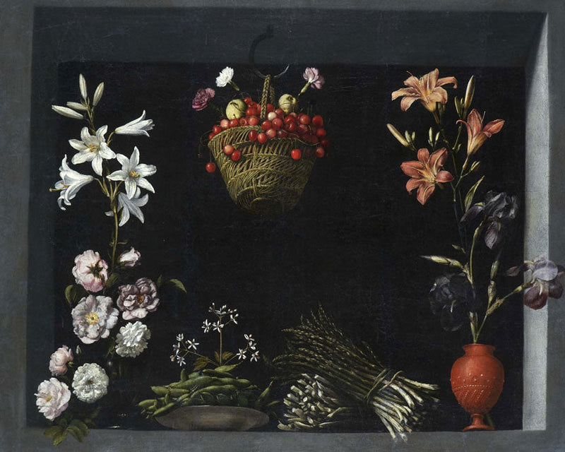 Bodegon flores hortalizas cesto cerezas - Juan Sánchez Cotán