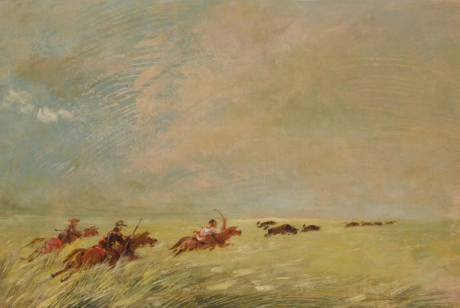 Bogard, Batiste i ja polujący na bizona w wysokiej trawie na tle Missouri - George Catlin