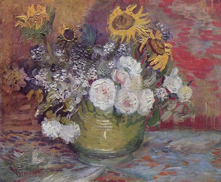 Miska z słonecznikami, różami i innymi kwiatami - Vincent van Gogh