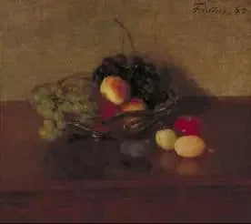 Szklana kula z białymi i niebieskimi winogronami, brzoskwiniami i śliwkami - Henri Fantin-Latour