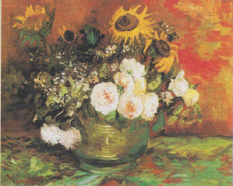 Miska z słonecznikami, różami i innymi kwiatami - Vincent van Gogh