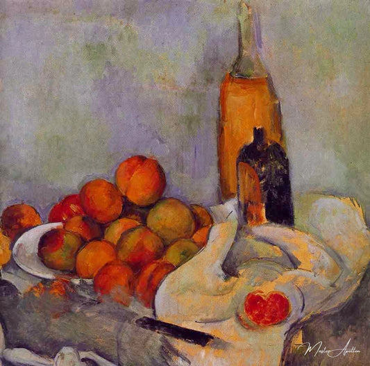 Bouteilles et pêches - Paul Cézanne - Reproductions de tableaux et peintures haut de gamme