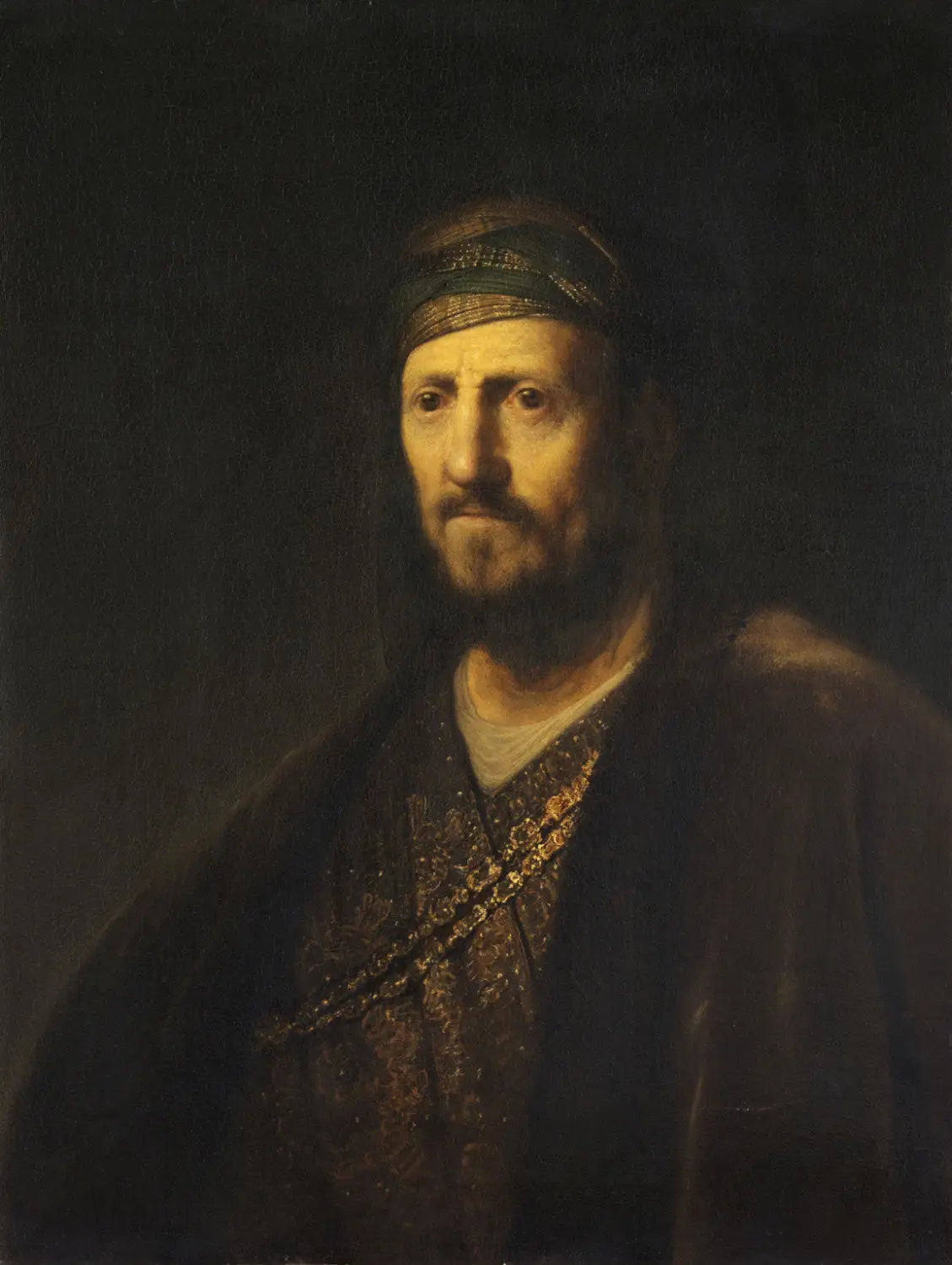 Reproduction du tableau « Buste d'homme en costume oriental - Rembrandt » par Alpha Reproduction en peinture à l’huile