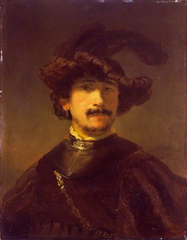 Popiersie mężczyzny w gorgerinie i piórowej czapce - Rembrandt