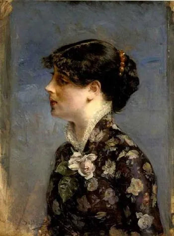 Busta młodej brunetki w profilu, po lewej stronie, w kwiecistej bluzce - Giovanni Boldini