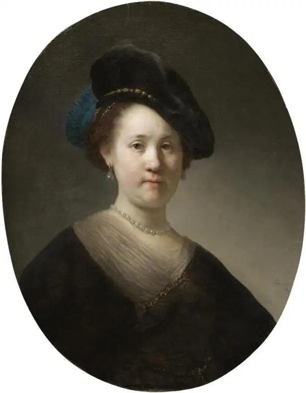 Popiersie młodej kobiety w kapeluszu z piórami - Rembrandt