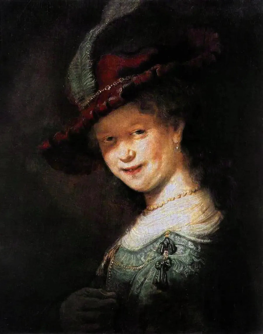 Popiersie młodej uśmiechniętej kobiety, być może Saskii van Uylenburgh - Rembrandt