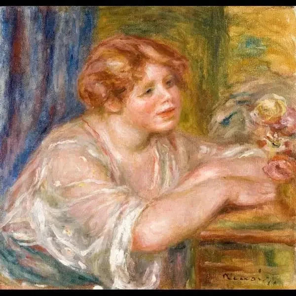 Popiersie młodej dziewczyny patrzącej na kwiaty - Pierre-Auguste Renoir