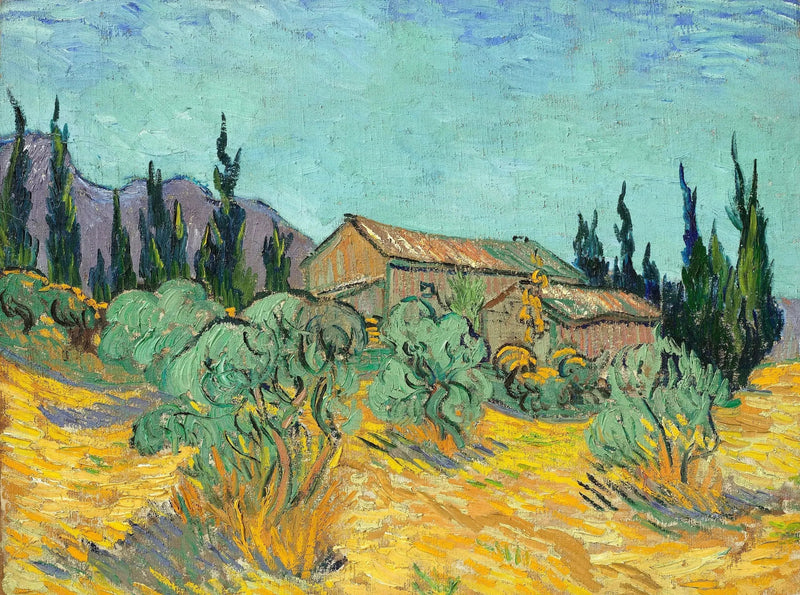 Drewniane chatki wśród oliwek i cyprysów - Vincent van Gogh