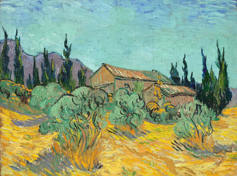 Drewniane chatki wśród oliwek i cyprysów - Vincent van Gogh