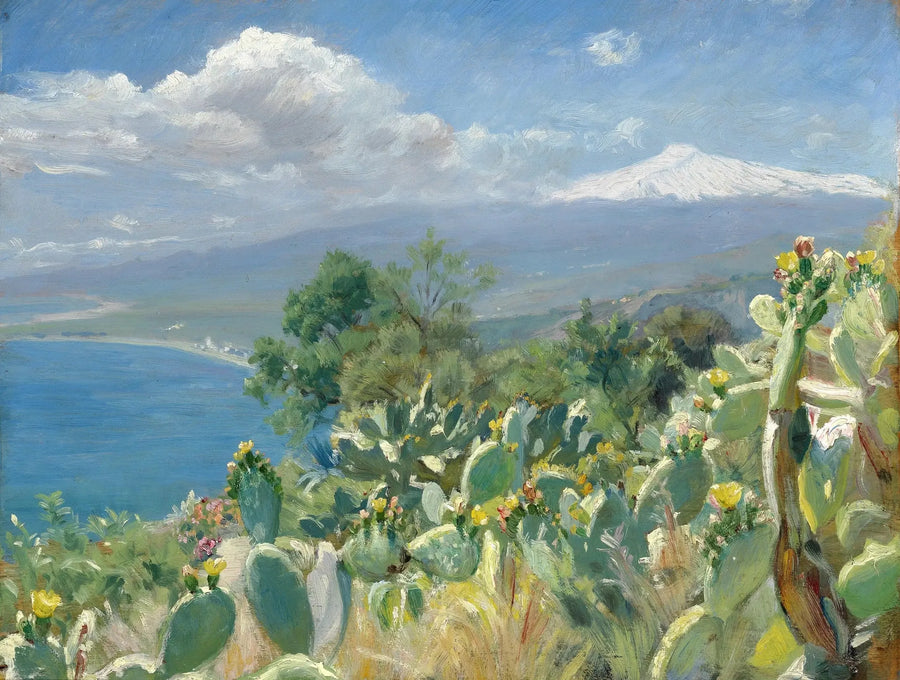 Kaktusy kwitnące w pobliżu Taorminy. W tle Etna pokryta śniegiem. - Peder Severin Krøyer