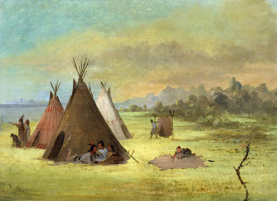 Indian camp, Komancz (lub Kiowa) przygotowujący skóry, Rzeka Czerwona - George Catlin