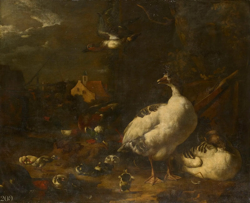 Kaczki i gęsi na podwórku farmy - Melchior de Hondecoeter