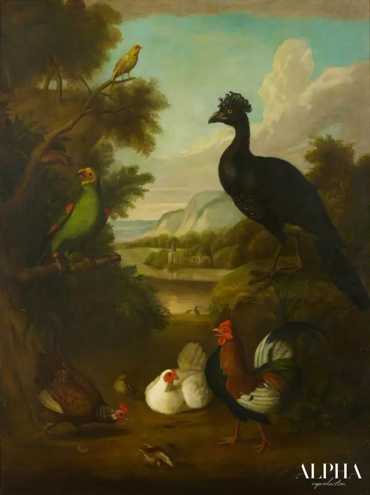 Canari, perroquet vert et autres oiseaux dans un paysage - Tobias Stranover - Reproductions de tableaux et peintures haut de gamme