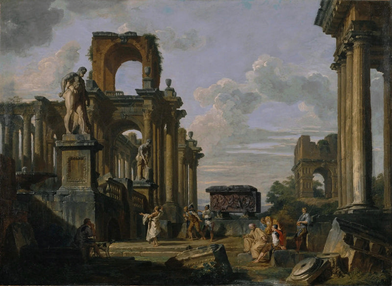 Kaprys architektoniczny Forum Rzymskiego z filozofami i żołnierzami wśród starożytnych ruin, w tym łuk Janusa Quadrifrons, sarkofag Santa Constanza, Herkules Farnese i Cincinnatus - Giovanni Paolo Panini