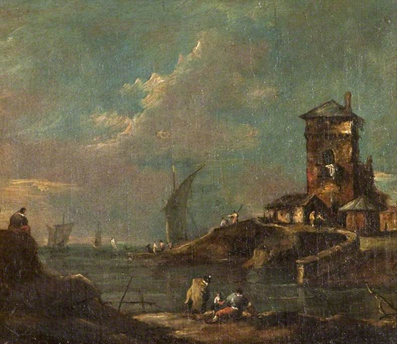 Capriccio z wiejską wieżą, domami i łodziami - Francesco Guardi