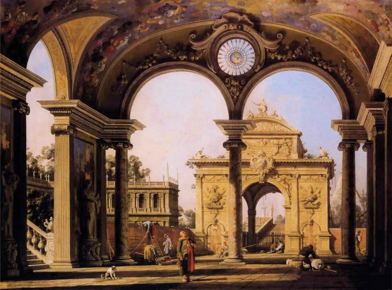 Kaprys z łukiem triumfalnym renesansu widzianym z portyku pałacu - Canaletto