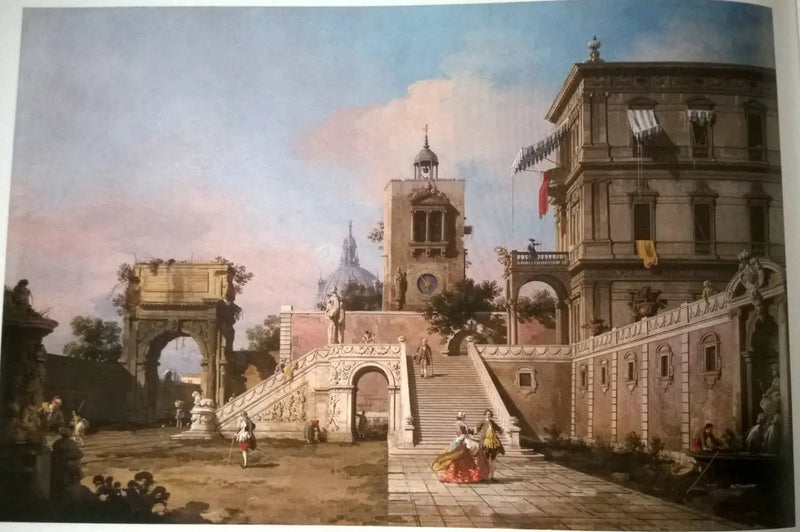 Kaprys renesansowego pałacu z monumentalną klatką schodową, wieżą zegarową i Łukiem Tytusa w tle - Canaletto