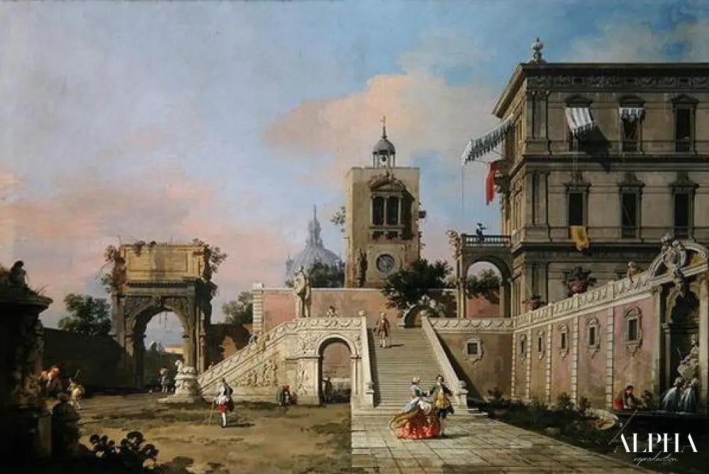 Capriccio de deux volées de marches menant à un palazzo, vers 1750 (huile sur toile) - Giovanni Antonio Canal - Reproductions de tableaux et peintures haut de gamme