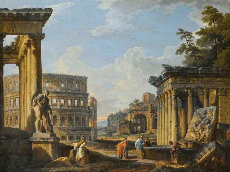 Kaprys klasycznych ruin z świątynią Antoniego i Faustyny, Koloseum, bazyliką Maksencjusza - Giovanni Paolo Panini