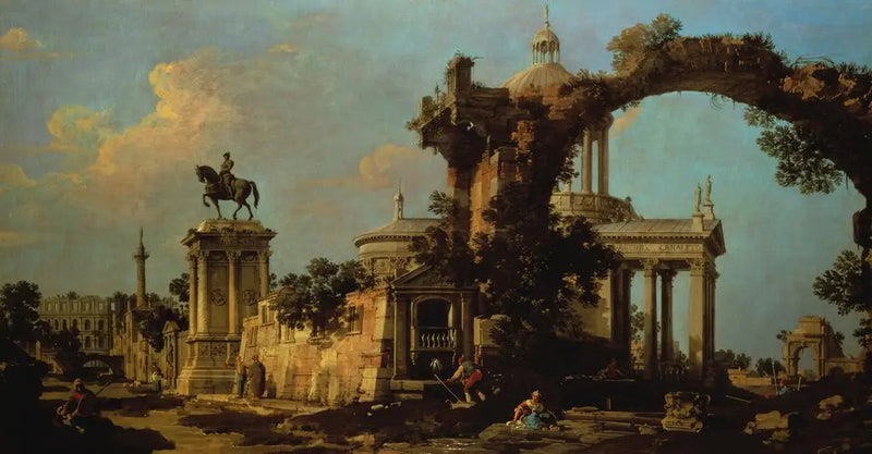 Kaprys rzymskich ruin z kościołem z kopułą i monumentem Colleoni - Canaletto