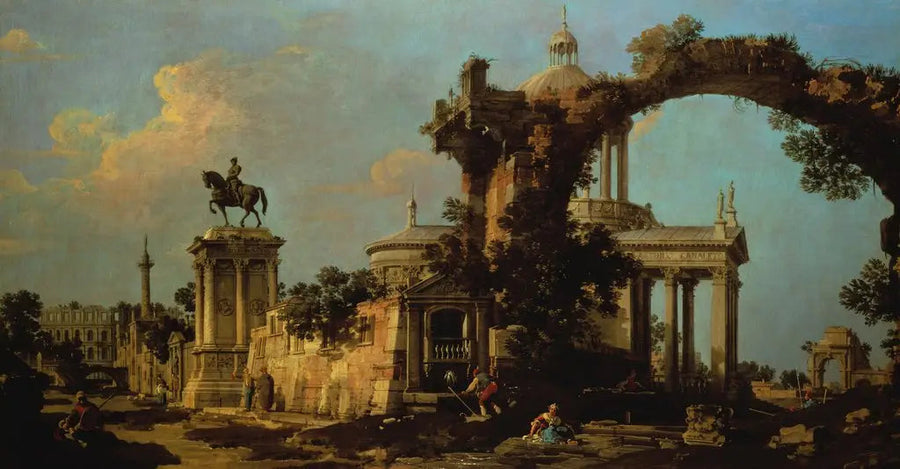 Kaprys rzymskich ruin z kościołem z kopułą i monumentem Colleoni - Canaletto