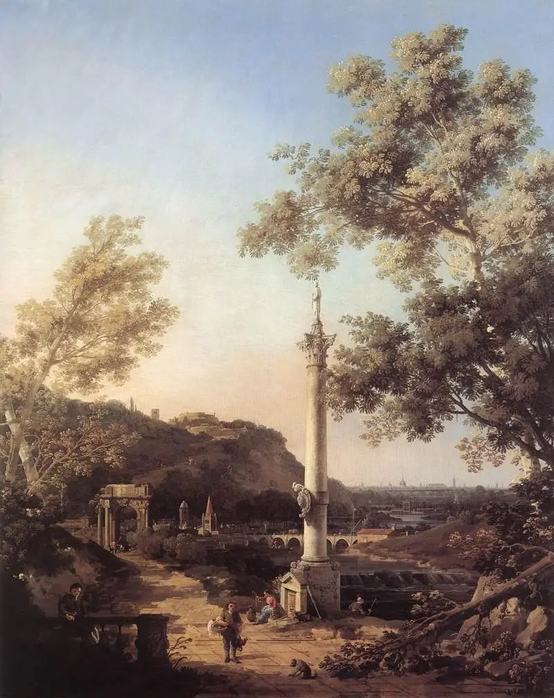 Capriccio: pejzaż rzeki z kolumną - Canaletto
