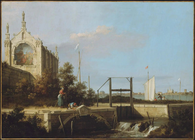 Capriccio: Śluza na rzece z kaplicą - Canaletto