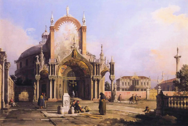 Capriccio: okrągły kościół z rozbudowanym portykiem gotyckim na placu, plac palladiański i gotycki kościół w tle - Canaletto
