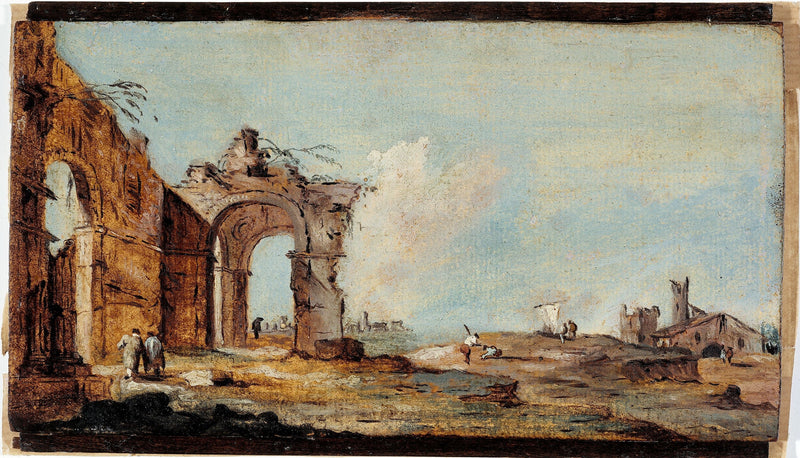 Caprice, z ruinowanym łukiem i domami rybaków - Francesco Guardi