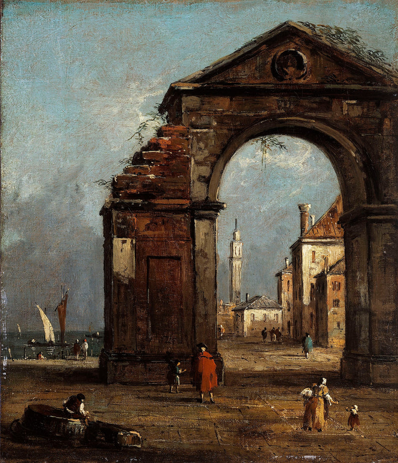 Caprice, z łukiem triumfalnym w ruinie i pejzażem z brzegu laguny - Francesco Guardi