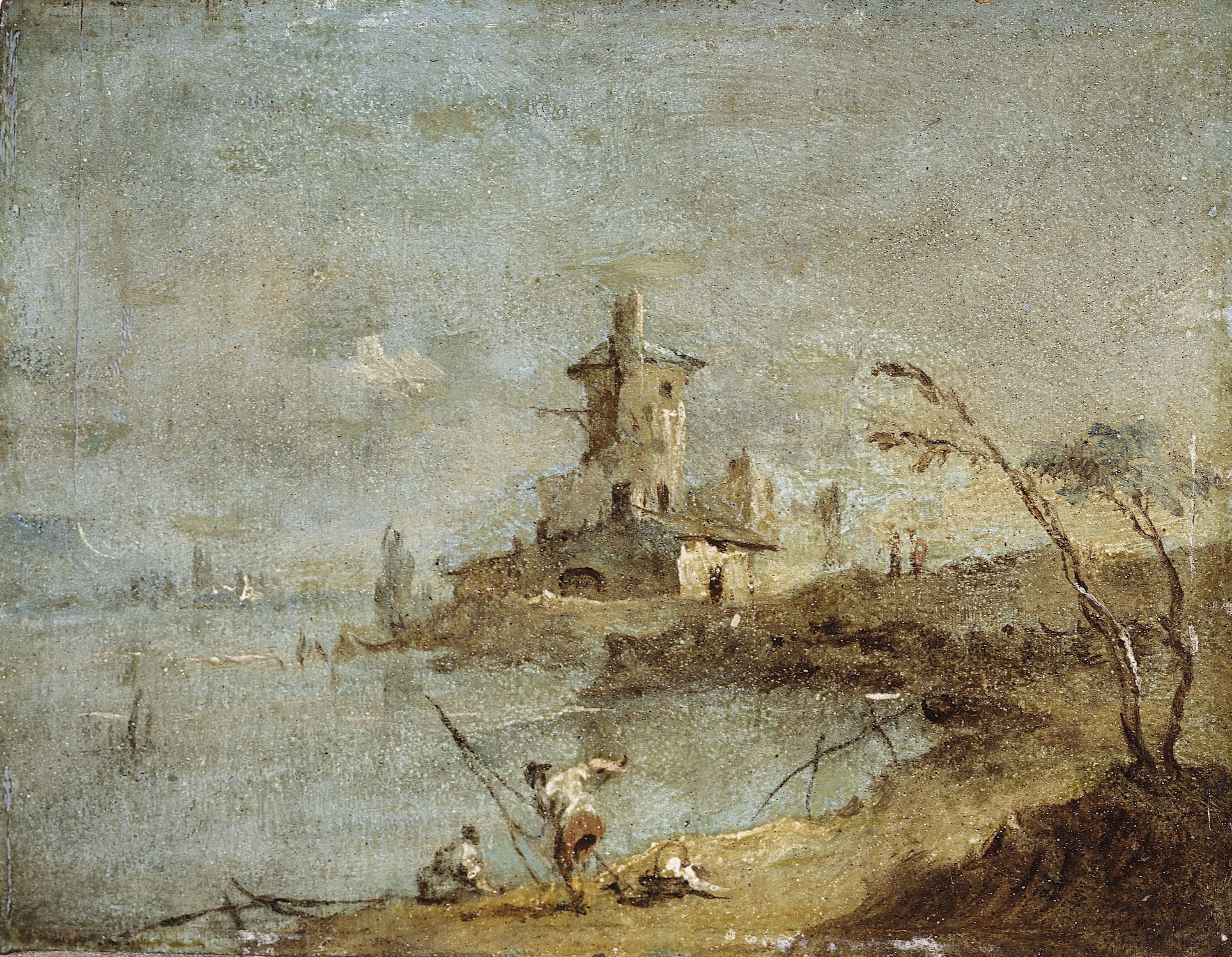 Caprice rustique, avec tour au bord de l'eau - Francesco Guardi image 1 tableau peint à l’huile sur toile