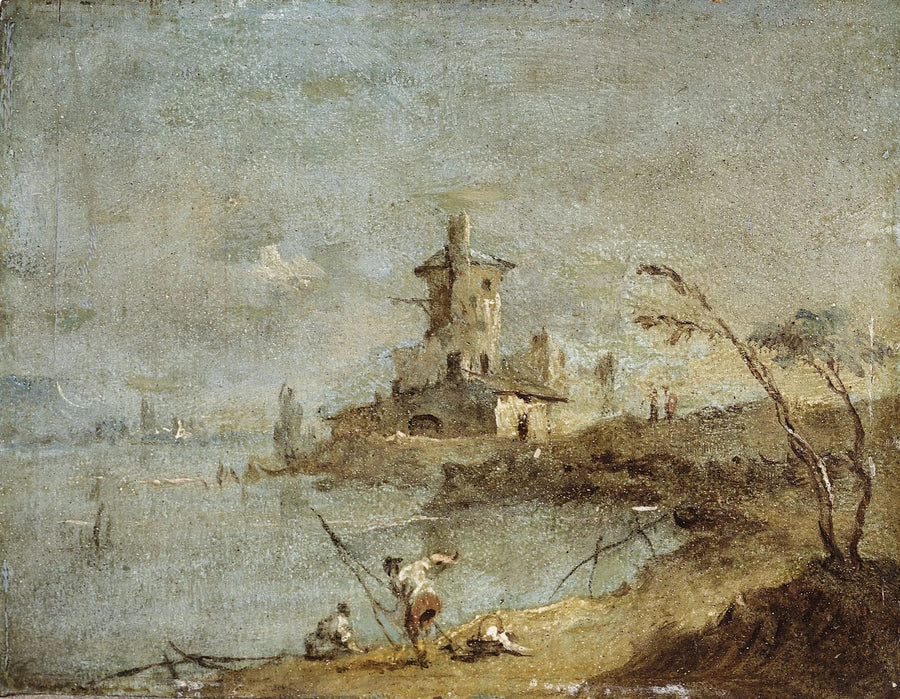 Rustykalny Caprice z wieżą nad brzegiem wody - Francesco Guardi