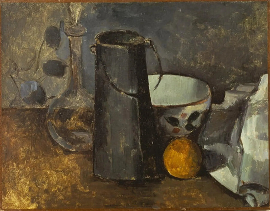 Karafka, pudełko na mleko, miska i pomarańcza - Paul Cézanne