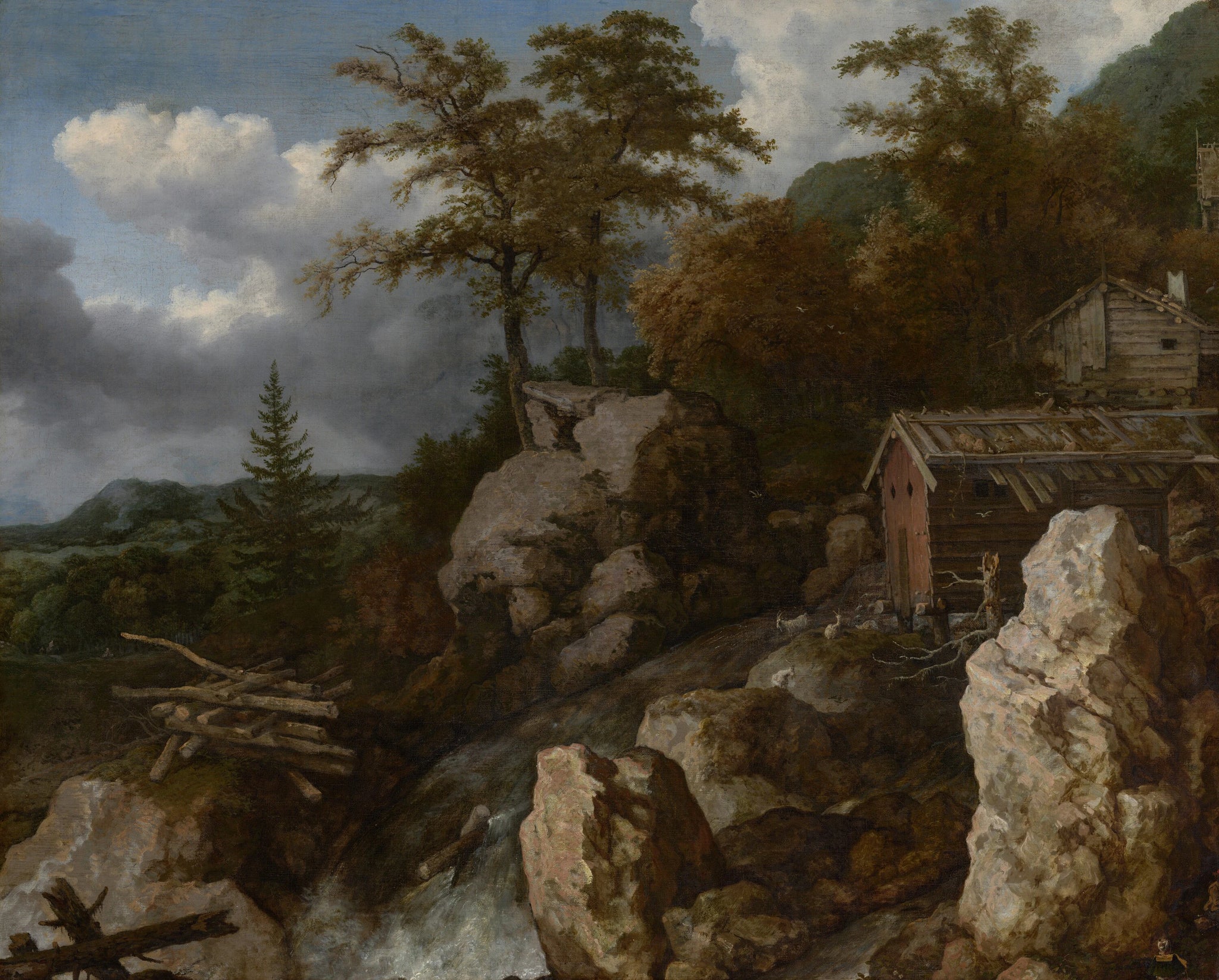 Cascade avec cabanes en rondins - Allart van Everdingen
