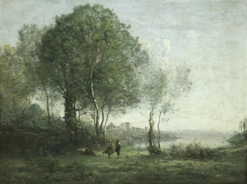 Castel Gandolfo, tańczący pasterze tyrolscy nad brzegiem jeziora Albano - Jean-Baptiste Camille Corot