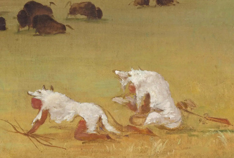 Catlin i jego indiański przewodnik zbliżający się do bizona pod białymi skórami wilka - George Catlin