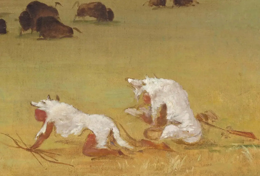 Catlin i jego indiański przewodnik zbliżający się do bizona pod białymi skórami wilka - George Catlin