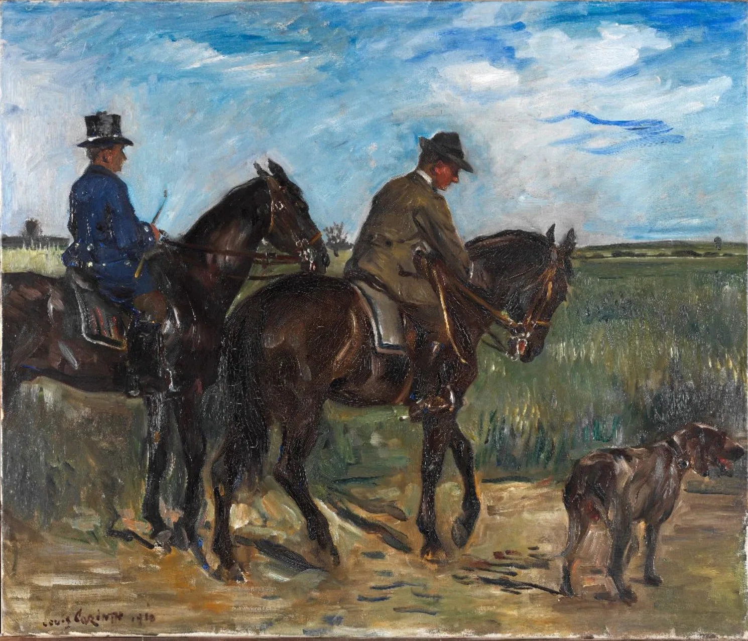 Cavalier avec palefrenier et chien sur le domaine de Klein-Niendorf, dans le Mecklembourg. - Lovis Corinth image 1 reproduction artisanale de tableau