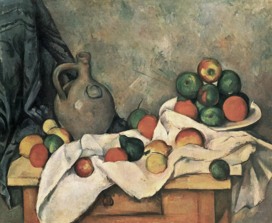 Zasłona, dzbanek i miska na owoce - Paul Cézanne