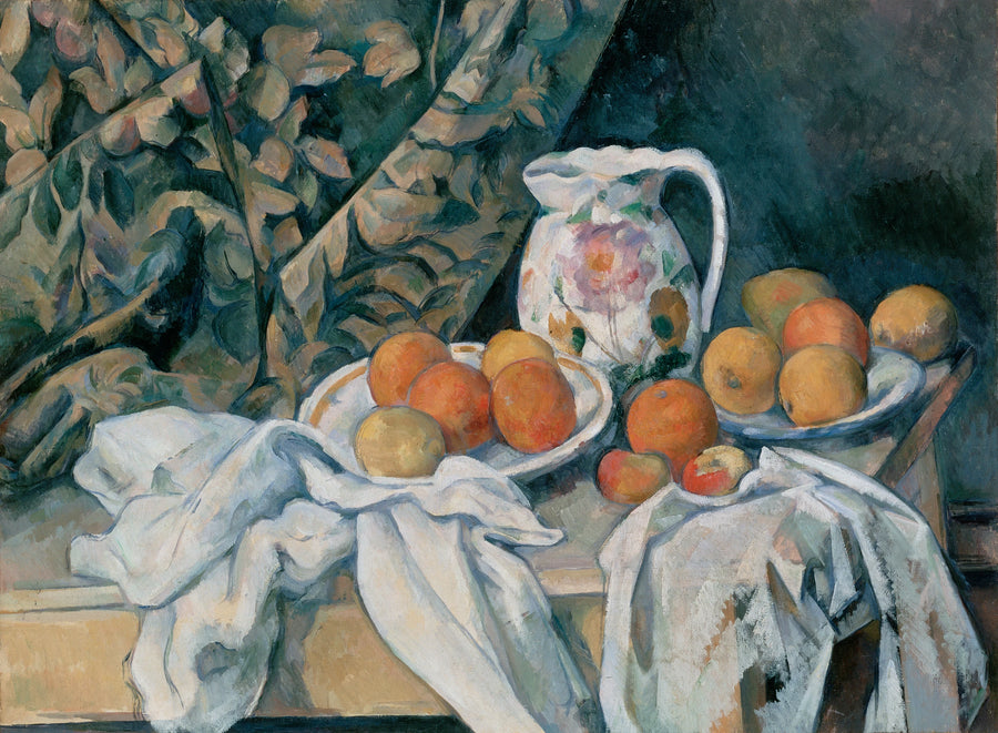 Martwa natura z zasłoną i kwiecistym dzbankiem - Paul Cézanne